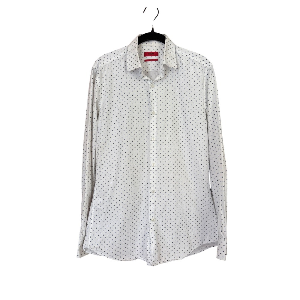 Hugo Hugo Boss Dress Shirt Mens White Geometric Slim Fit SIZE 15